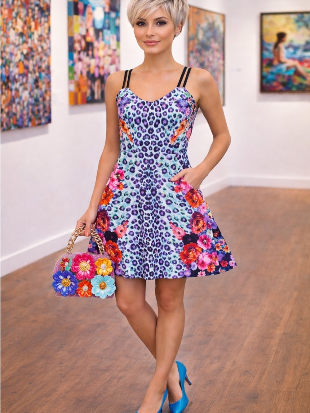 MINKPINK Multicolor Floral & Leopard Mini Dress with Black Double Straps